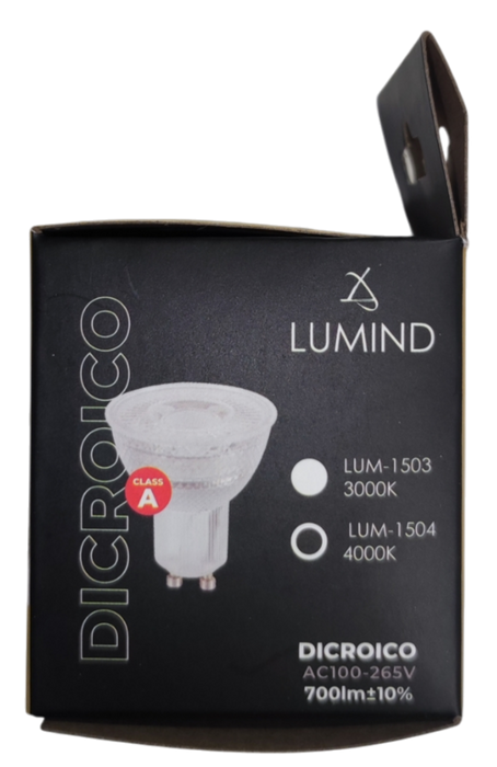 LUM-1504    DICRÓICO | GU10 38º |100-265V | Angle 38° - Φ50×H55mm |CCT: 4.000K | COLOR: TRANSPARENTE | 600LM | 7W
